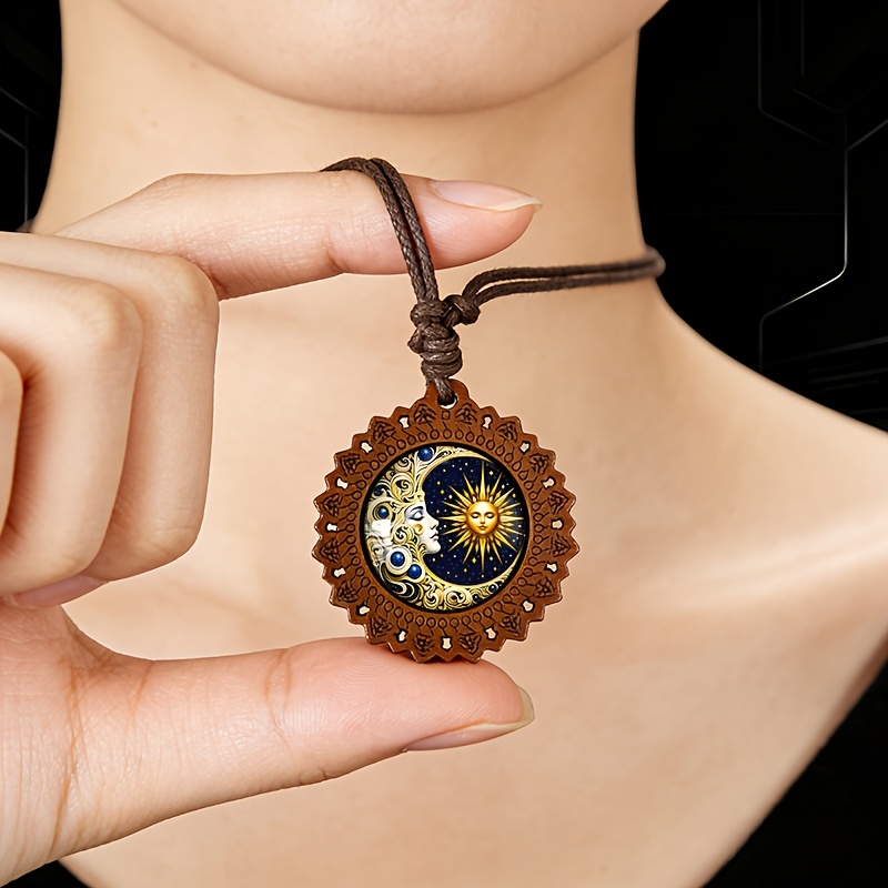 Sun God Moon Goddess Wooden Necklace, Vintage Minimalist